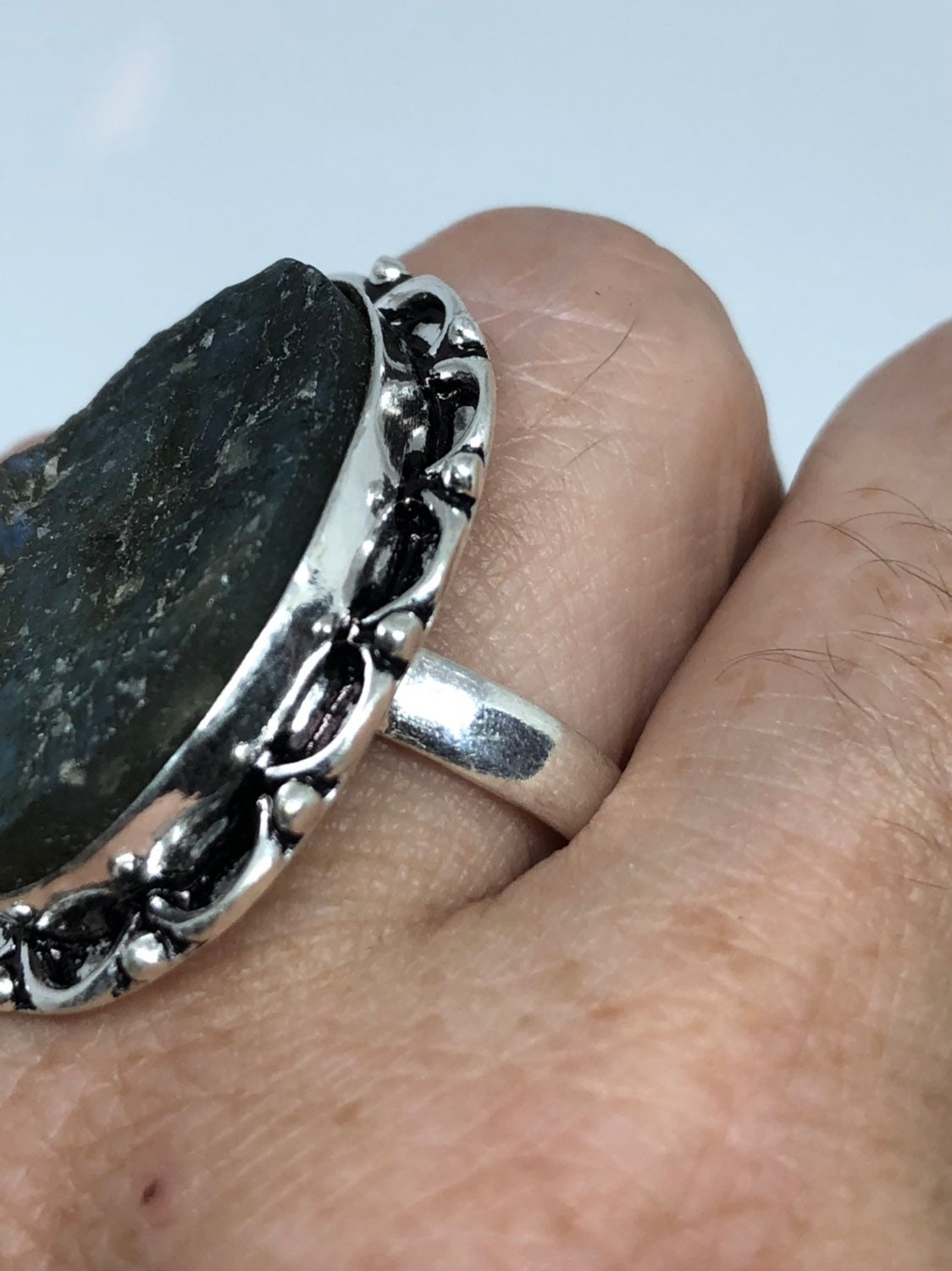 Vintage Large Labradorite Rainbow Moonstone Stone Silver Ring