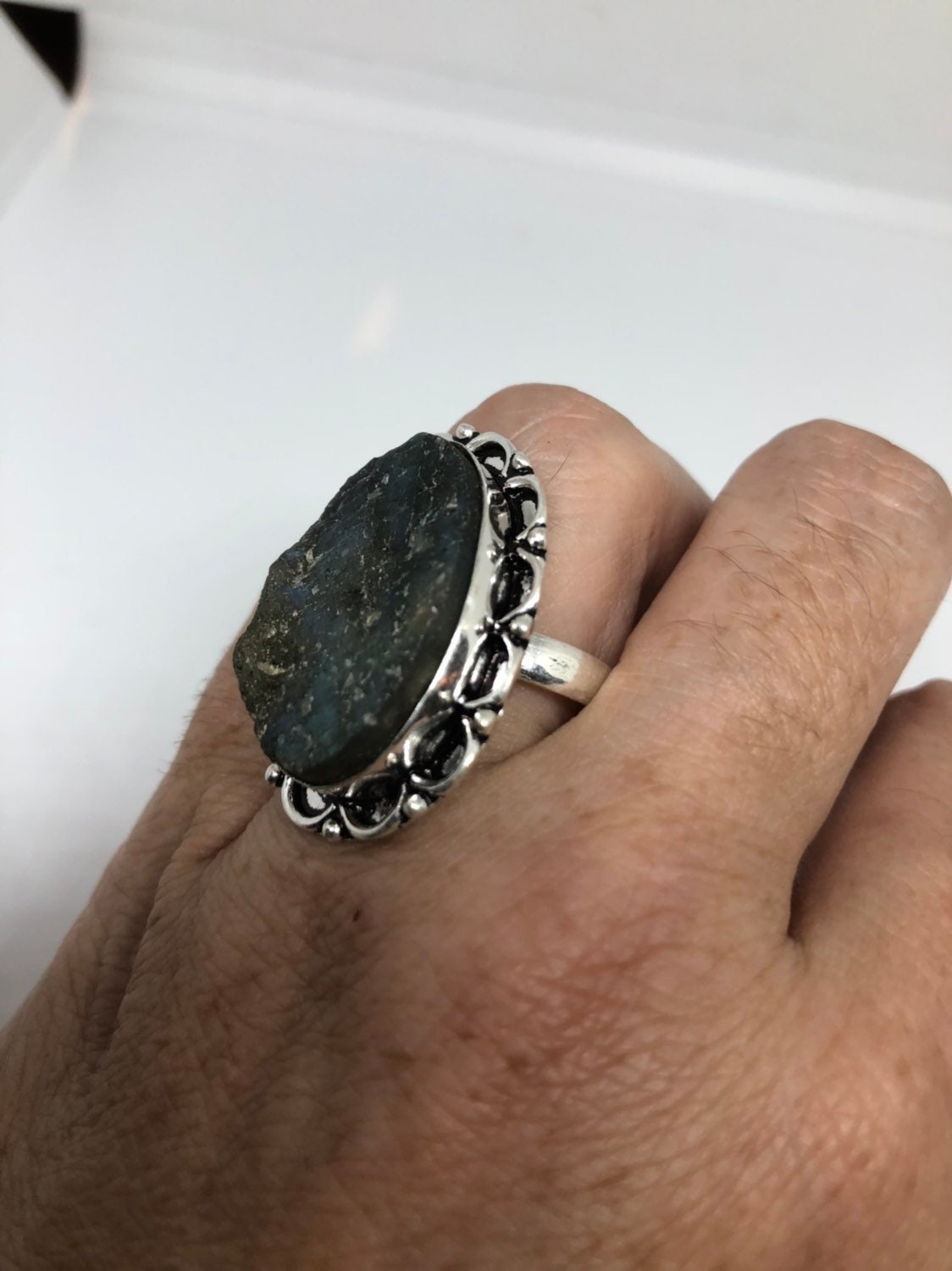 Vintage Large Labradorite Rainbow Moonstone Stone Silver Ring