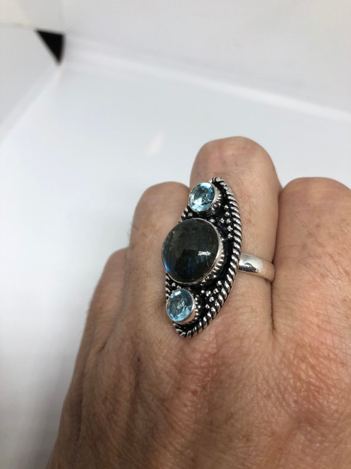 Vintage Large Labradorite Rainbow Moonstone Stone Silver Ring