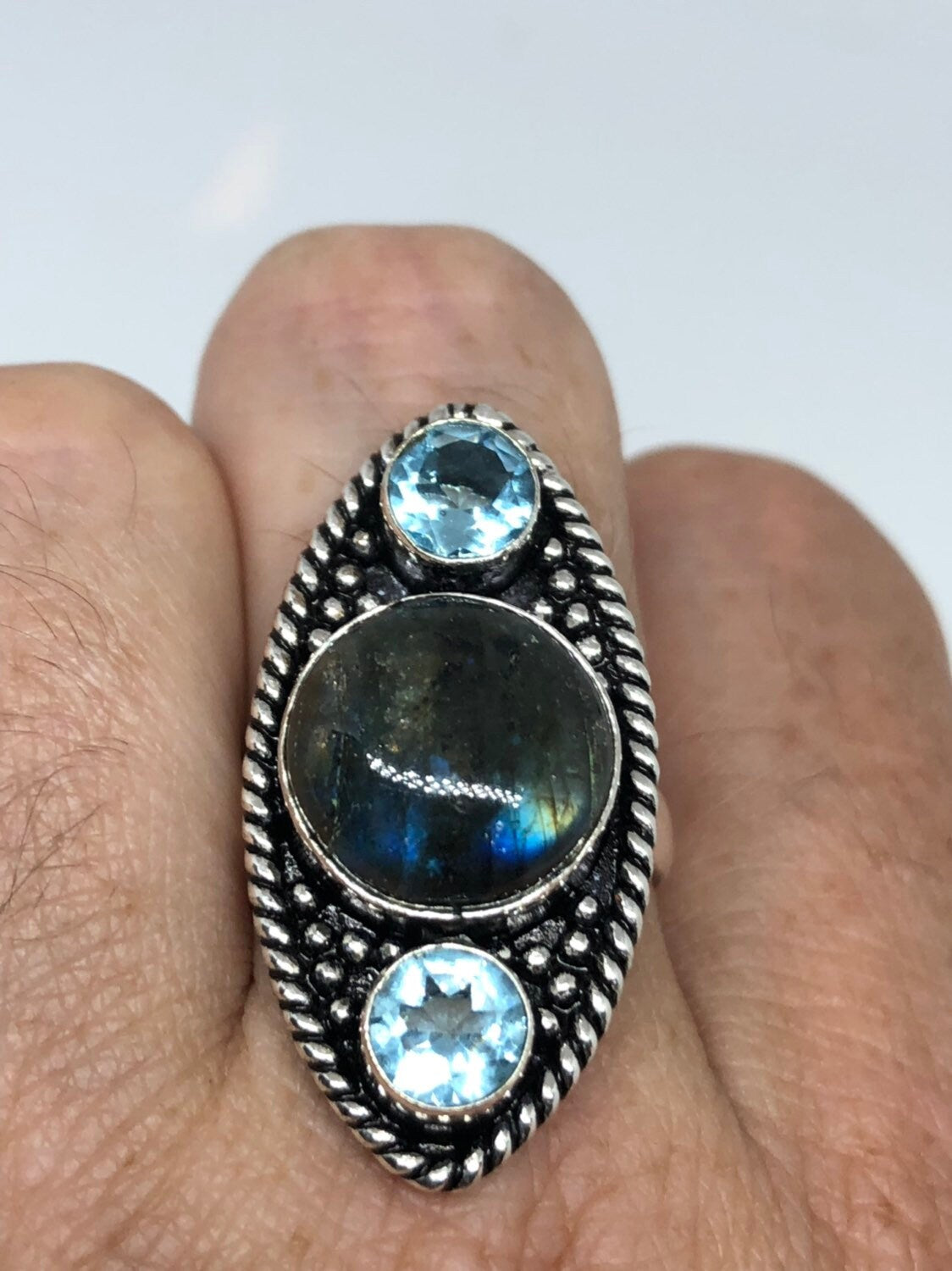 Vintage Large Labradorite Rainbow Moonstone Stone Silver Ring