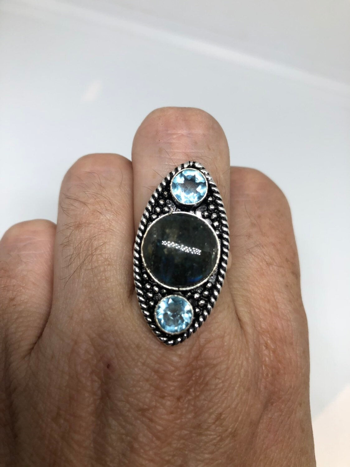 Vintage Large Labradorite Rainbow Moonstone Stone Silver Ring