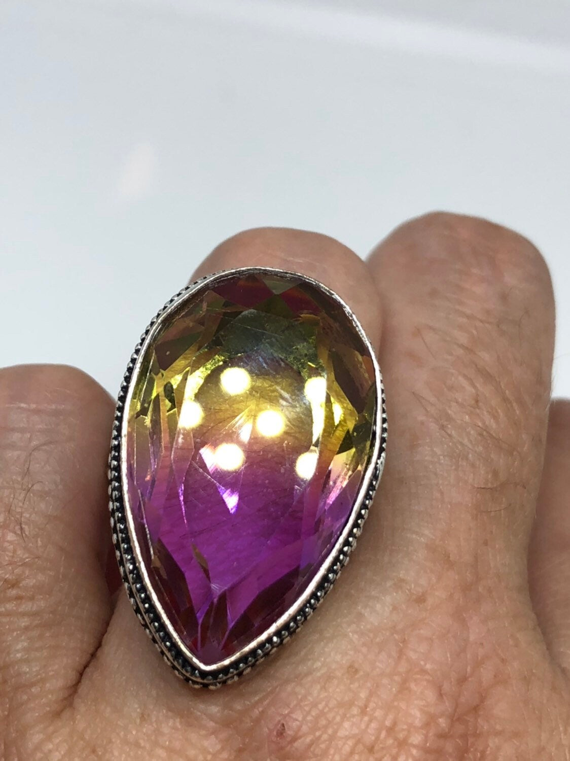 Vintage Purple fuchsia to Yellow Vintage Art Glass Ring About 1 Inch Long Knuckle Ring
