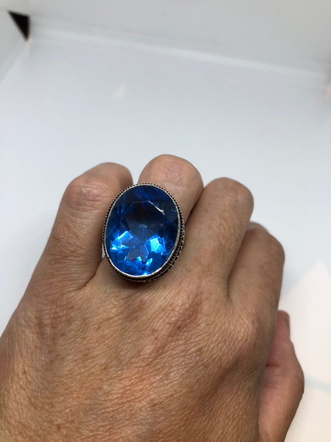 Vintage Blue Vintage Art Glass Ring About 1 Inch Long Knuckle Ring