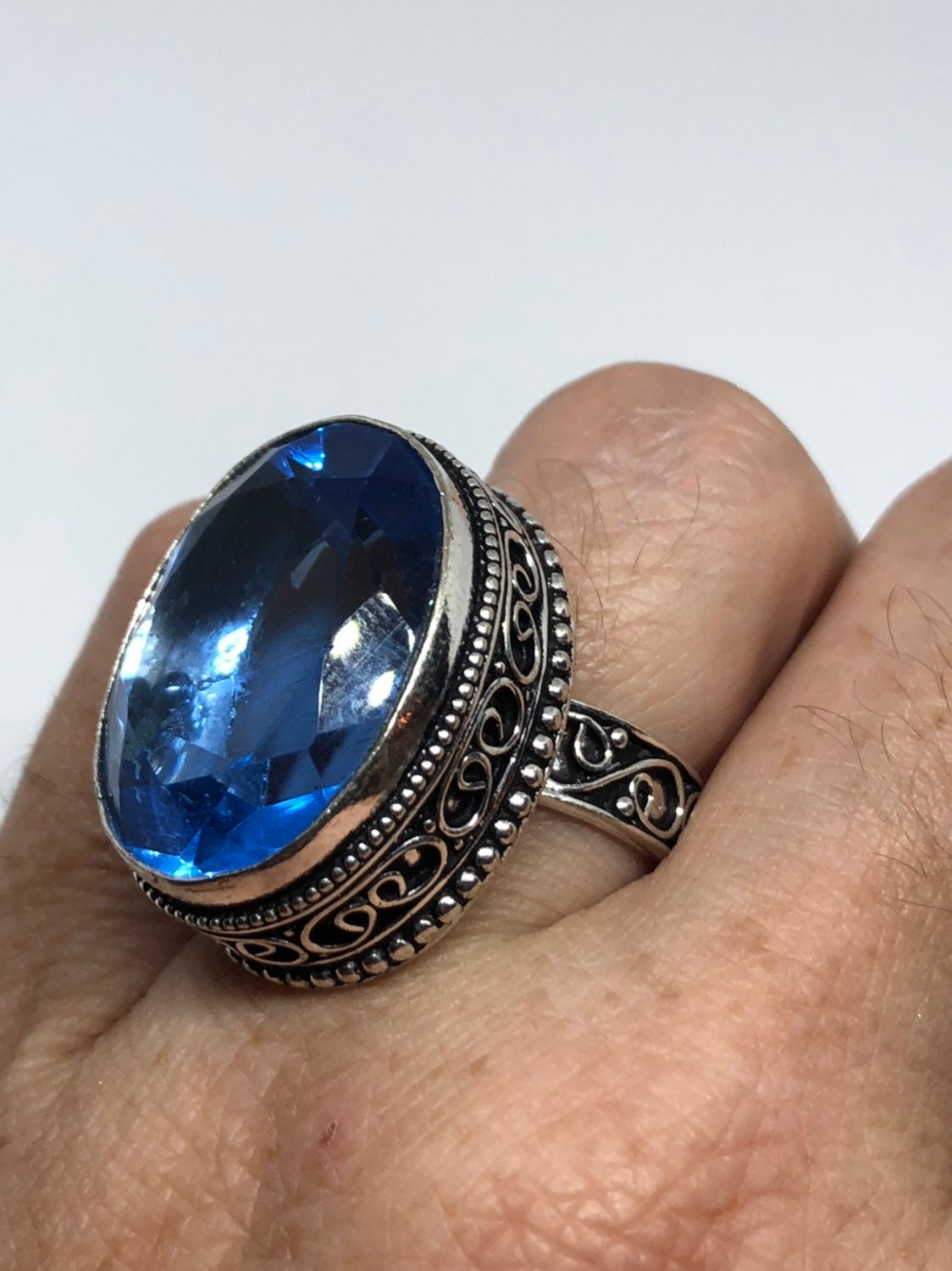 Vintage Blue Vintage Art Glass Ring About 1 Inch Long Knuckle Ring