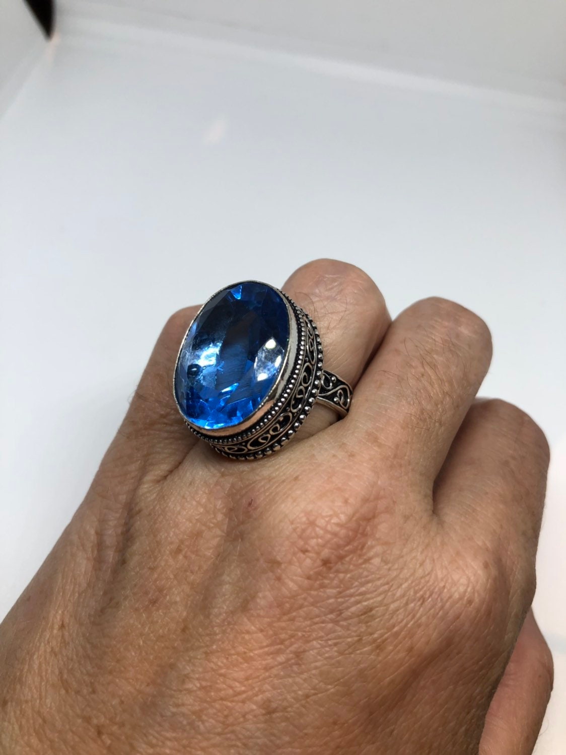 Vintage Blue Vintage Art Glass Ring About 1 Inch Long Knuckle Ring