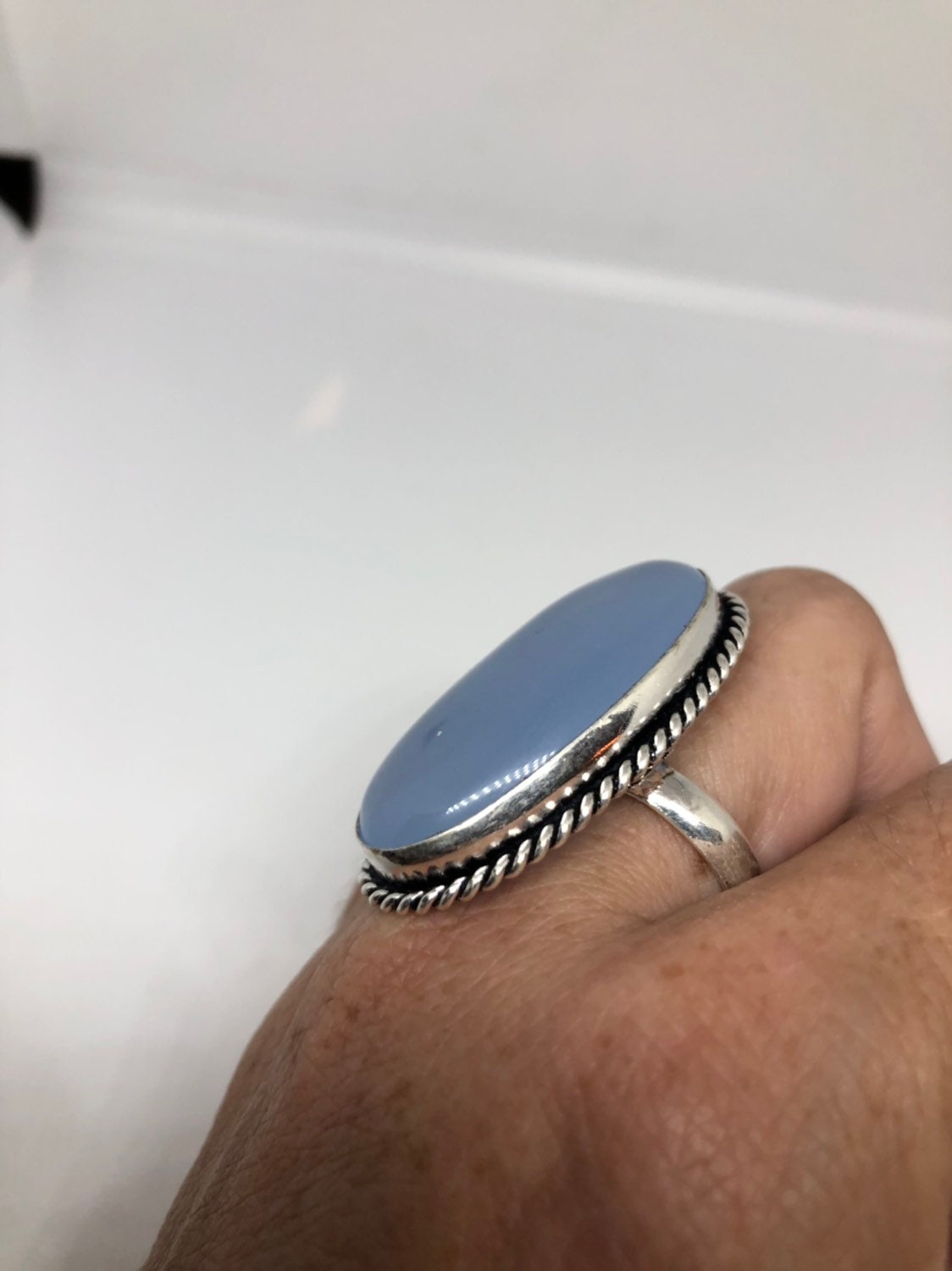 Vintage Genuine Blue Chalcedony an Inch Long Ring