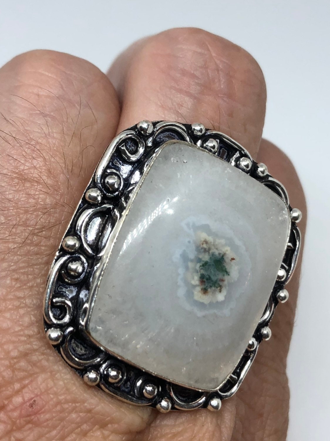 Vintage Genuine White Chalcedony an Inch Long Ring