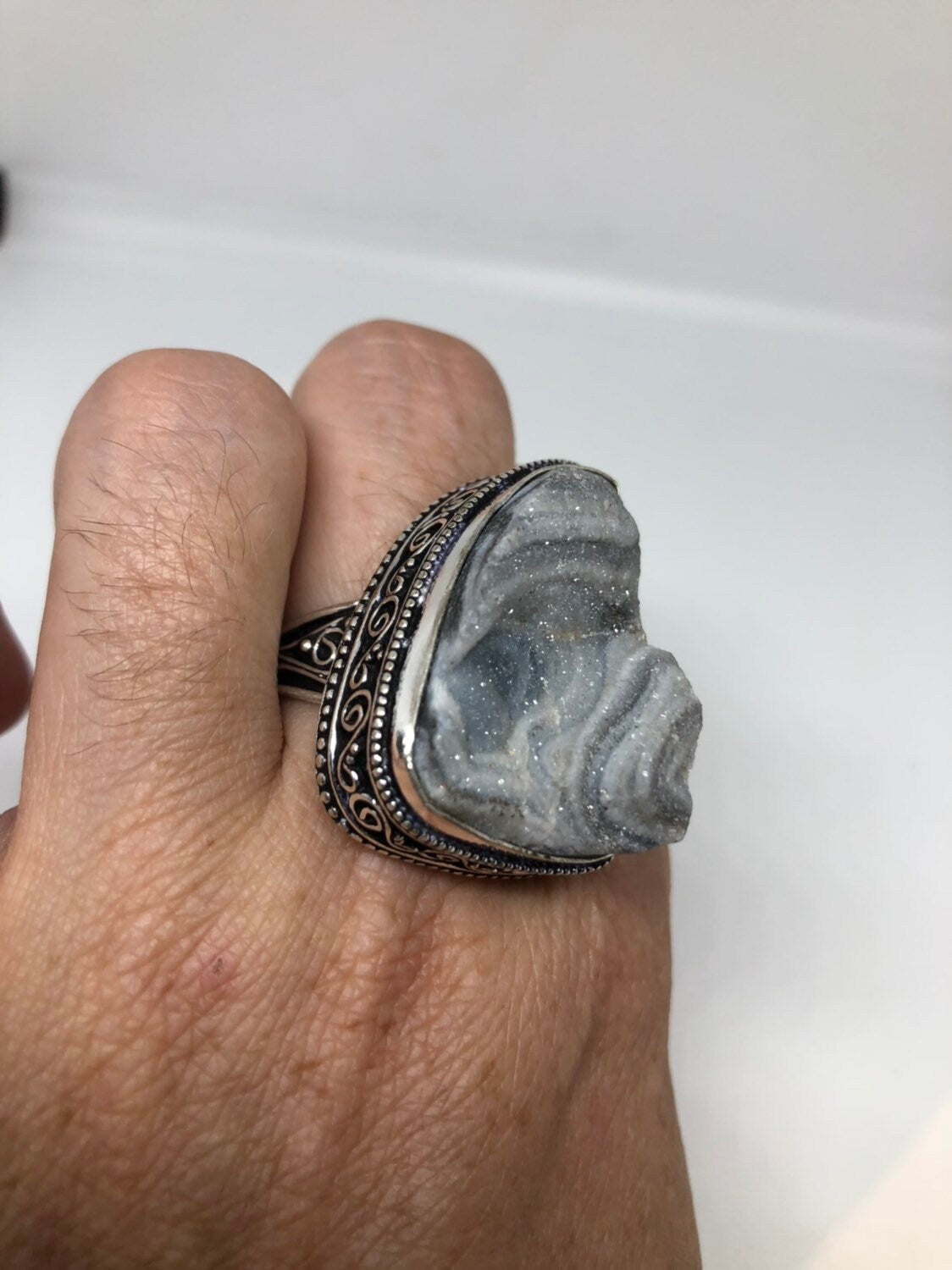 Vintage Gray Genuine Chalcedony Rose Crystal Ring