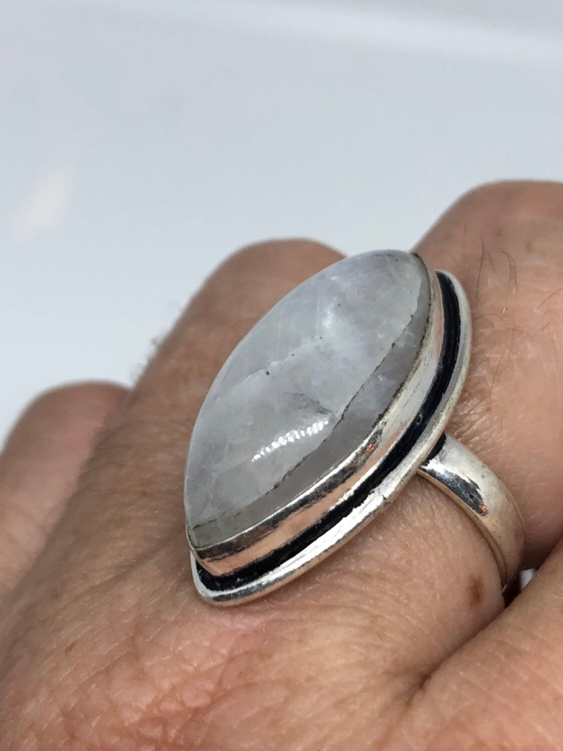 Vintage Large Blue White Rainbow Moonstone Stone Silver Ring