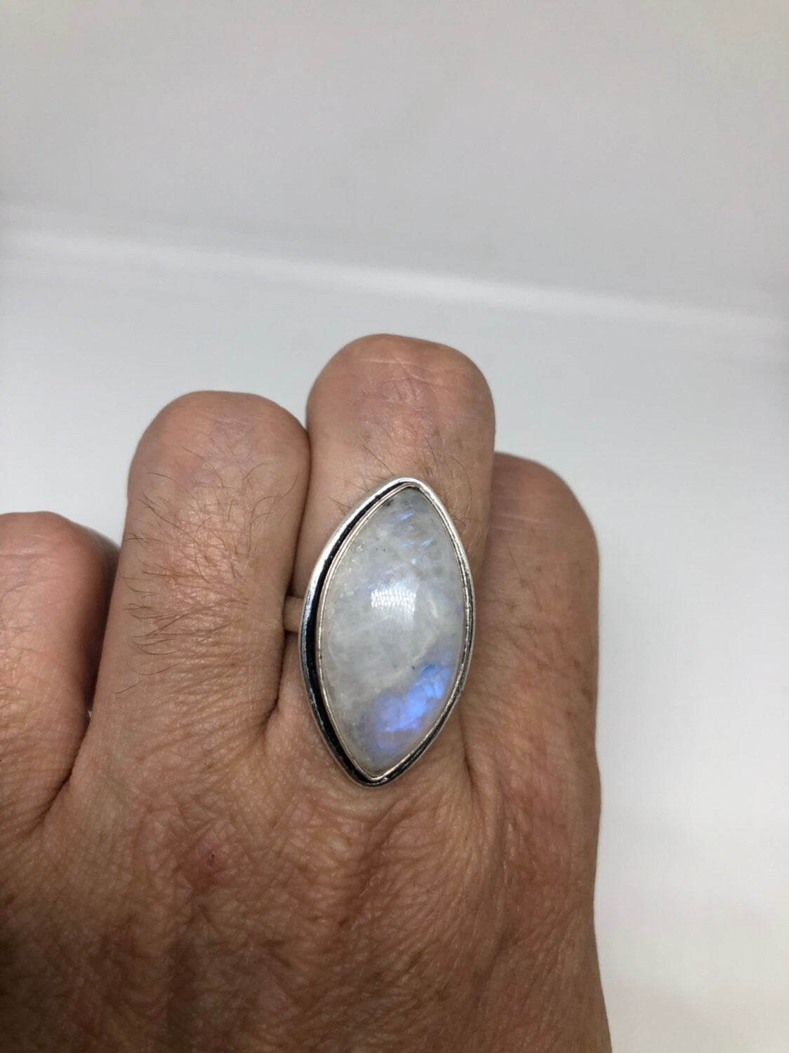 Vintage Large Blue White Rainbow Moonstone Stone Silver Ring