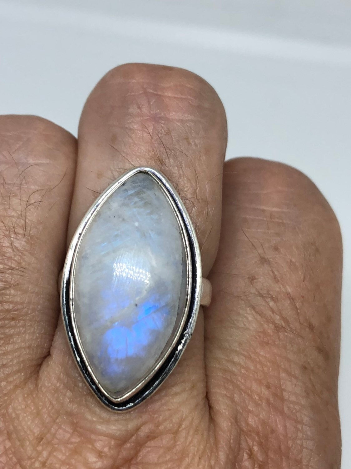 Vintage Large Blue White Rainbow Moonstone Stone Silver Ring