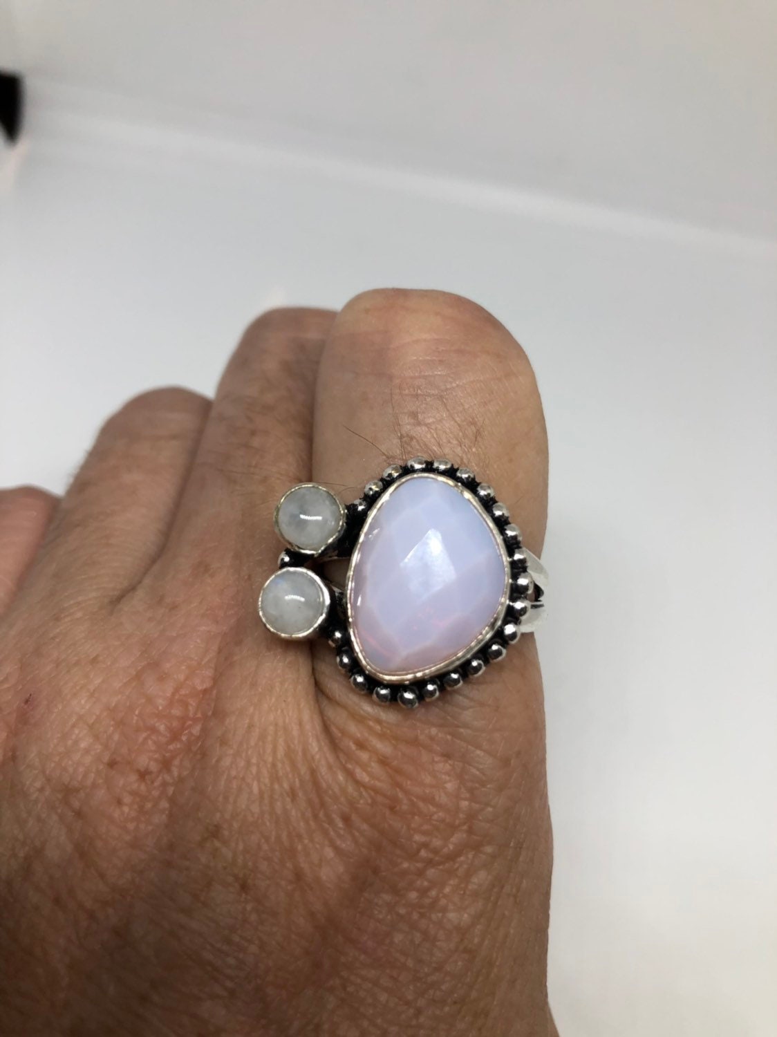 Vintage Large Blue White Rainbow Moonstone Stone Silver Ring