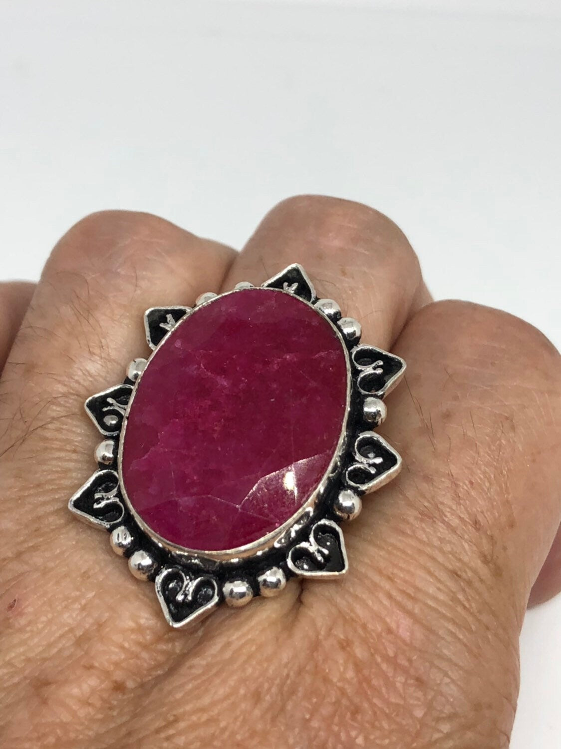 Vintage Handmade Raw Pink Ruby Silver Gothic Ring