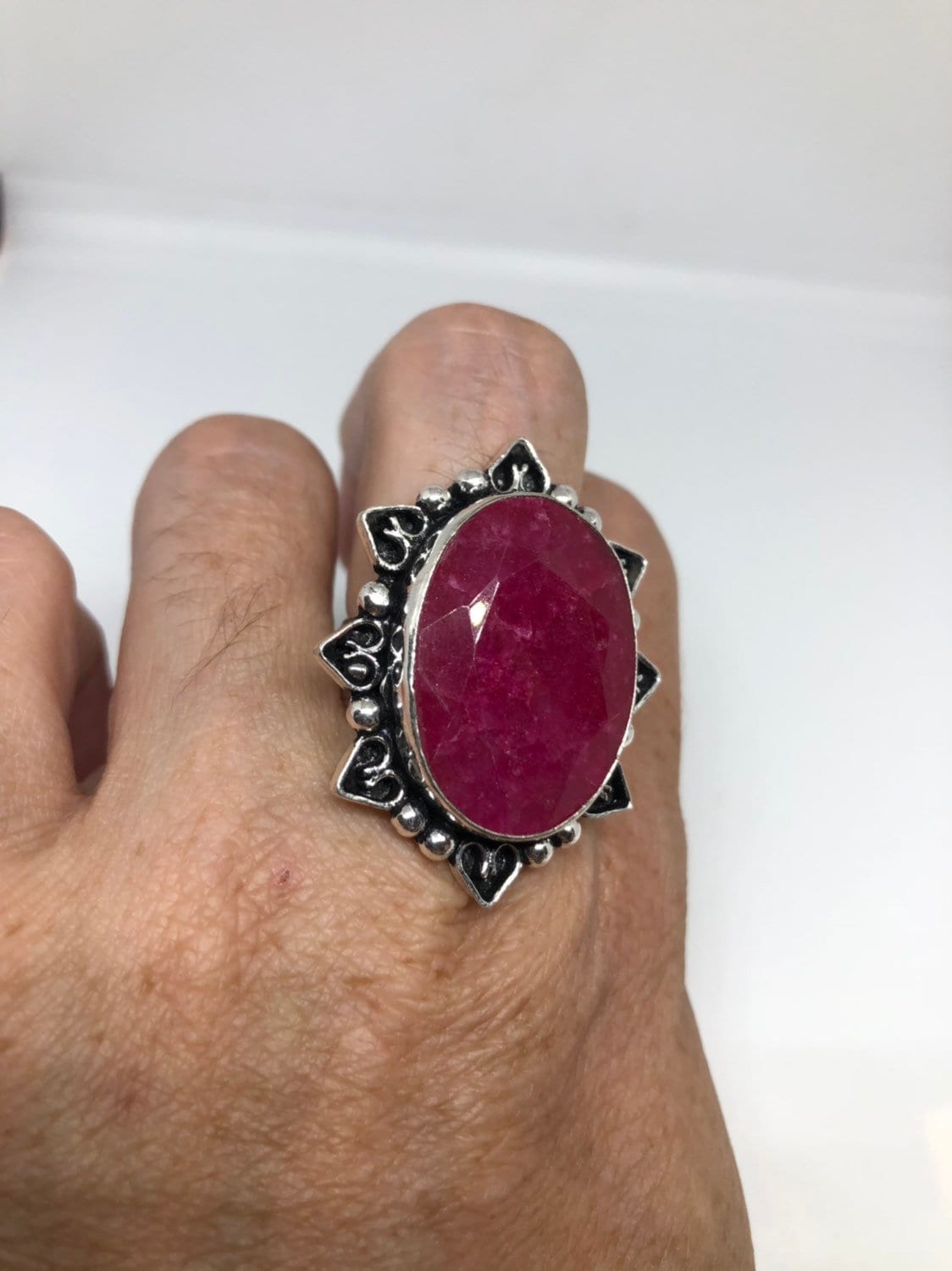 Vintage Handmade Raw Pink Ruby Silver Gothic Ring