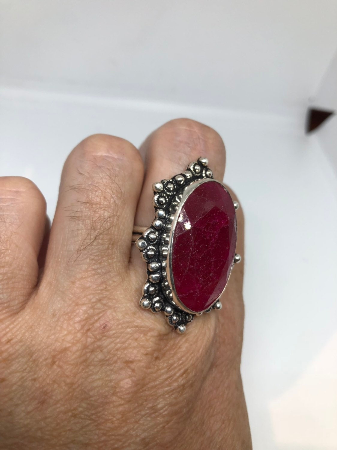 Vintage Handmade Raw Pink Ruby Silver Gothic Ring