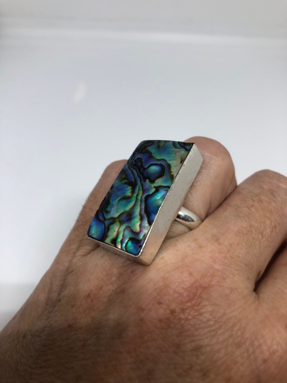 Antique Green Abalone White Bronze Silver Ring