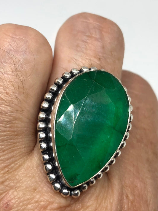 Vintage Green Raw Emerald Silver Bronze Statement Boho Ring