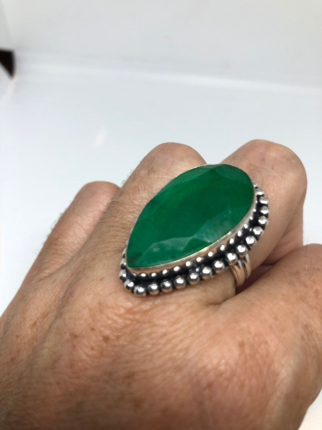 Vintage Green Raw Emerald Silver Bronze Statement Boho Ring