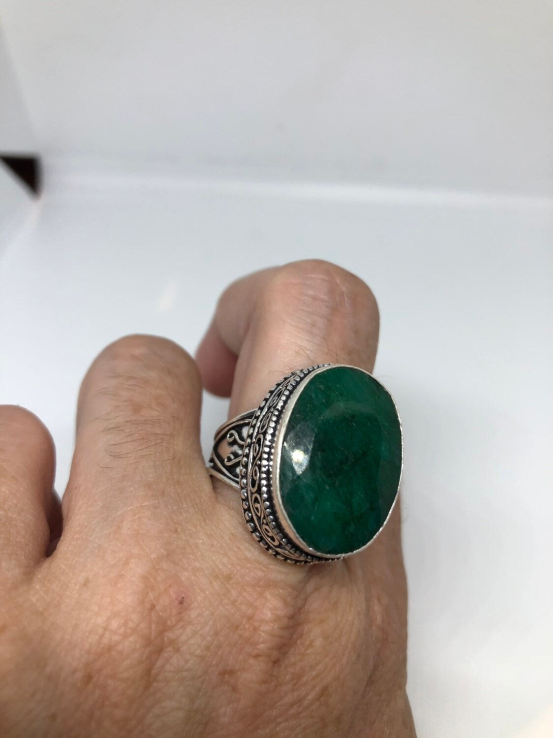 Vintage Green Raw Emerald Silver Bronze Statement Boho Ring