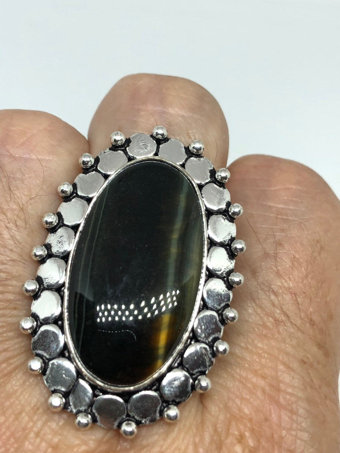 Vintage Large Blue Tigers Eye Stone Silver Ring