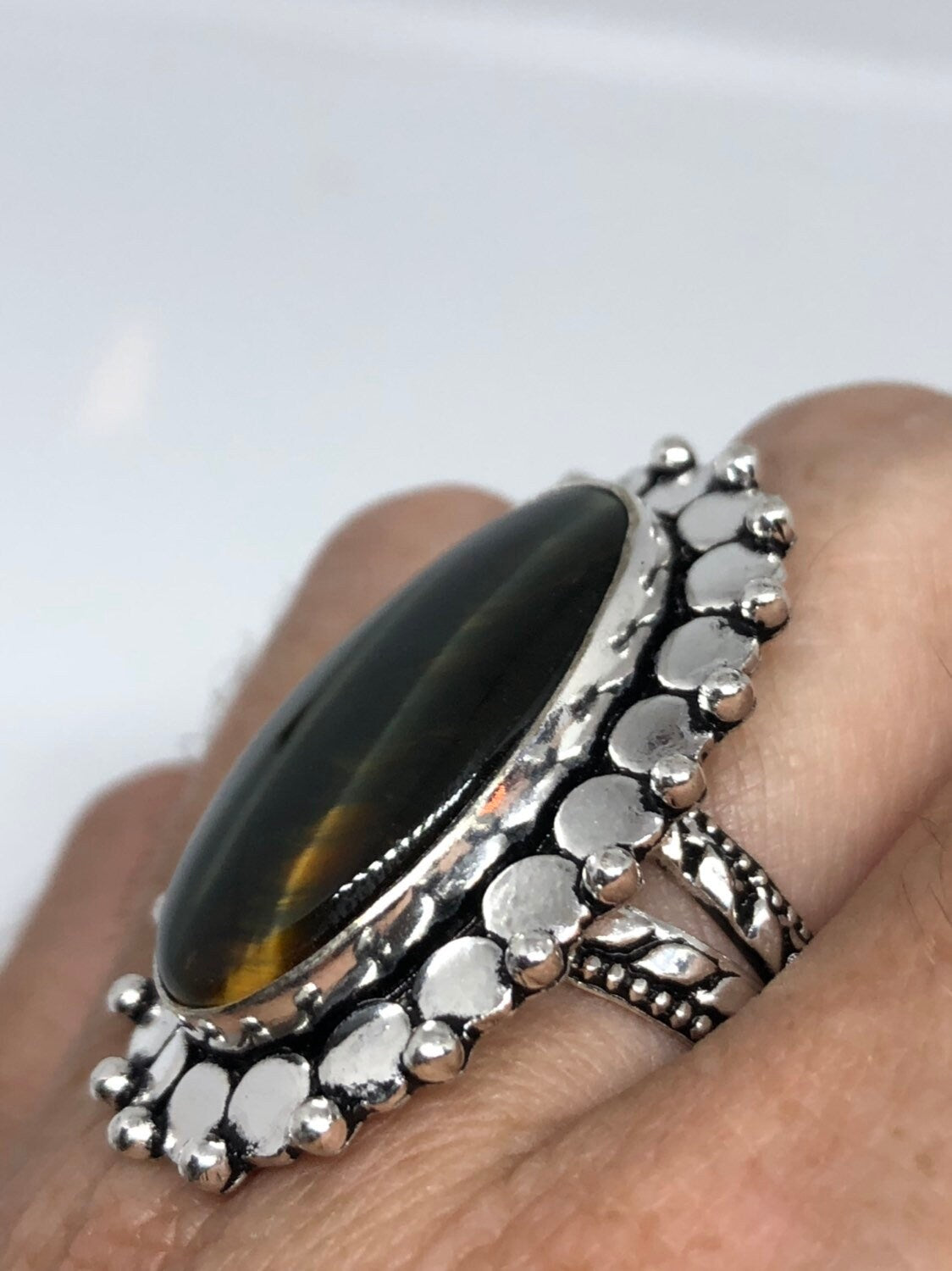 Vintage Large Blue Tigers Eye Stone Silver Ring