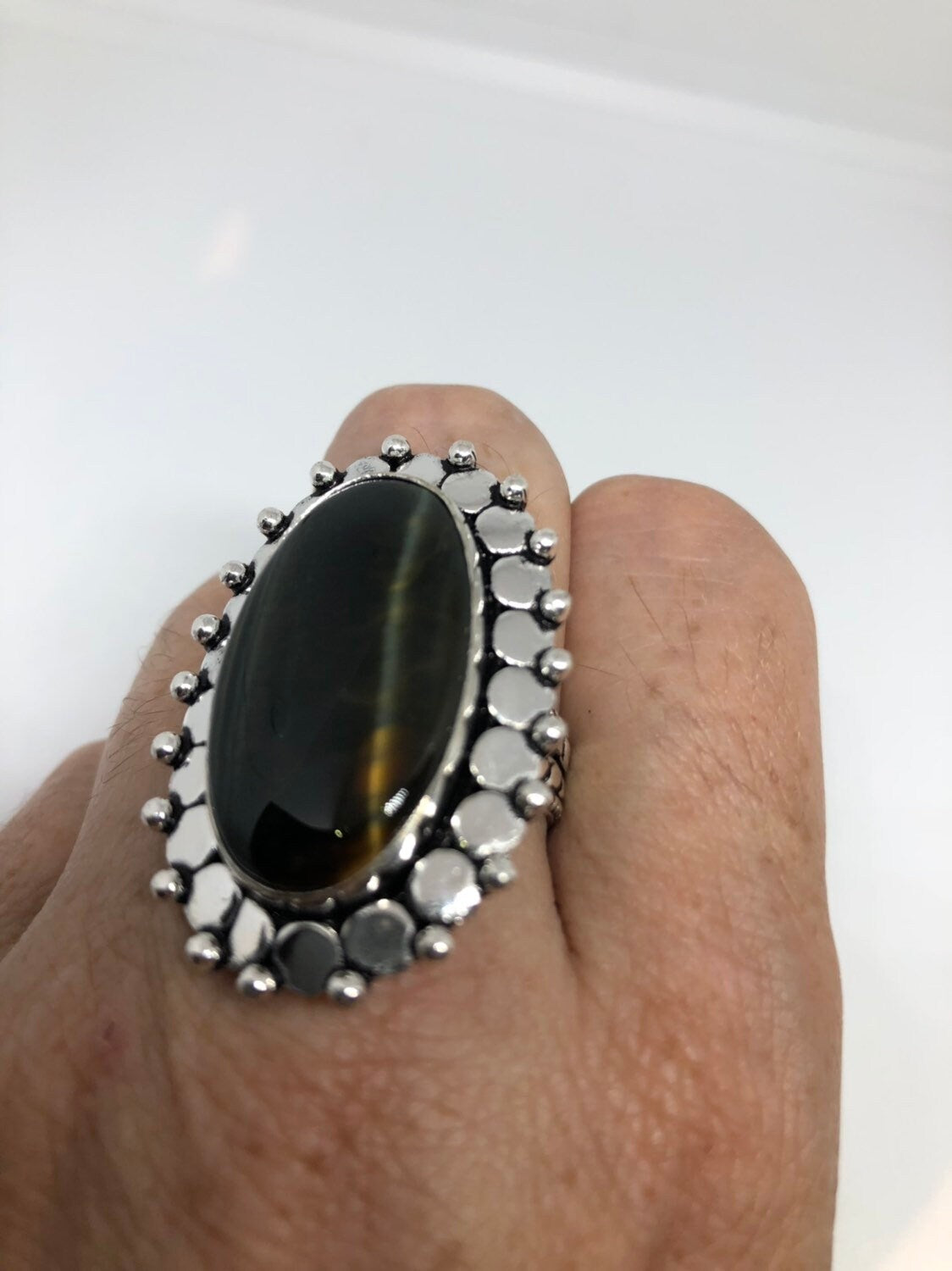 Vintage Large Blue Tigers Eye Stone Silver Ring