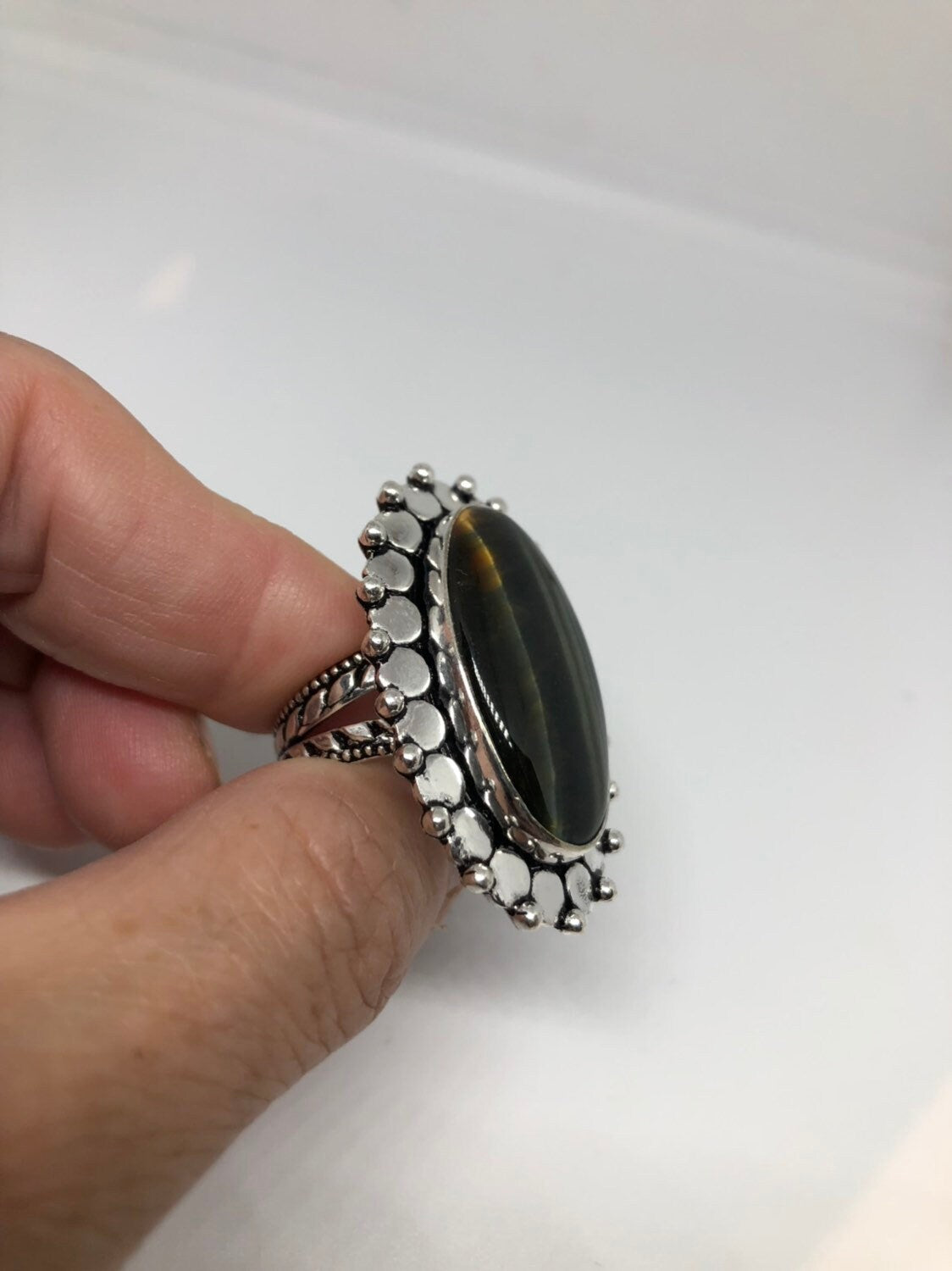 Vintage Large Blue Tigers Eye Stone Silver Ring