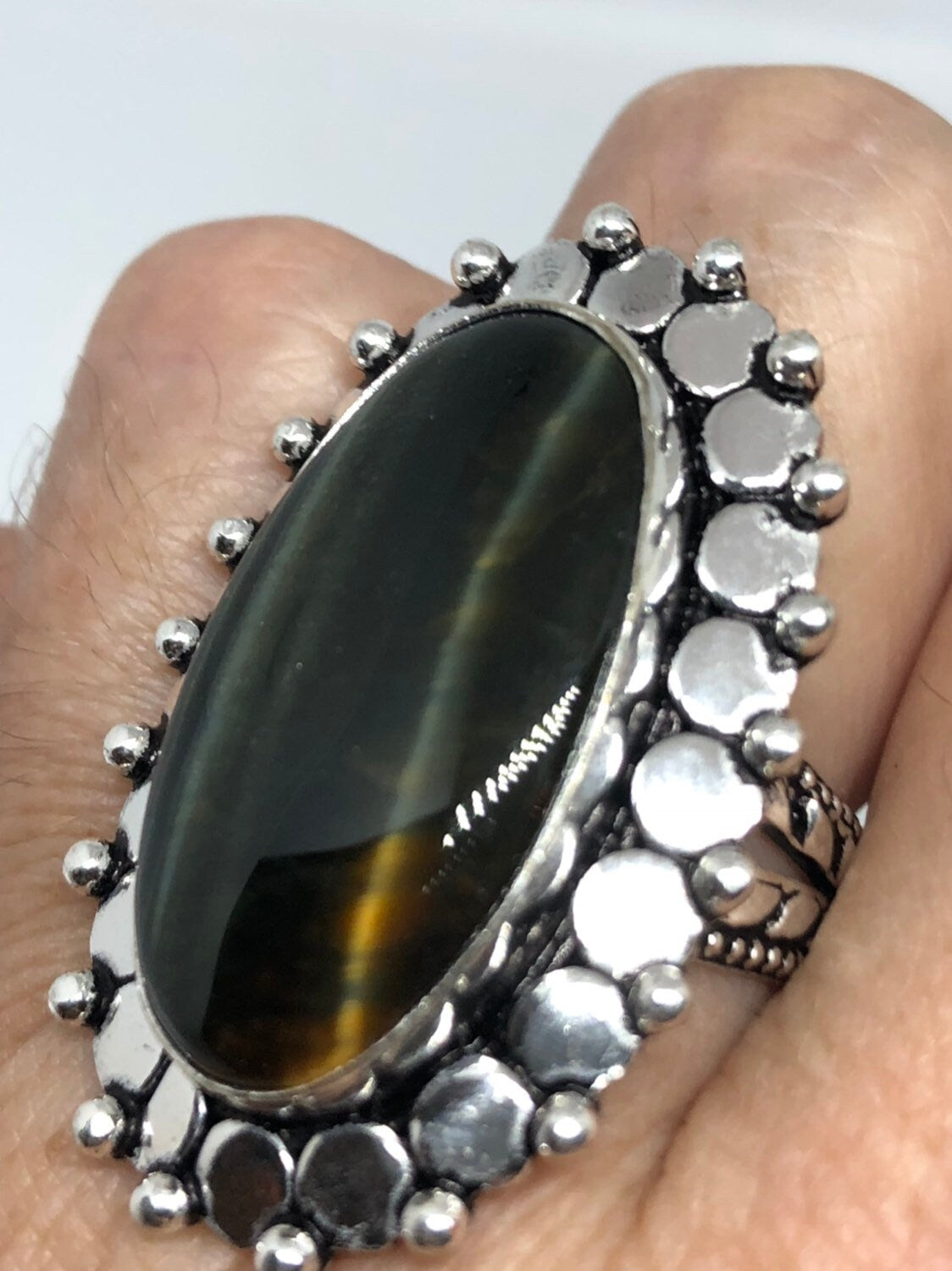 Vintage Large Blue Tigers Eye Stone Silver Ring