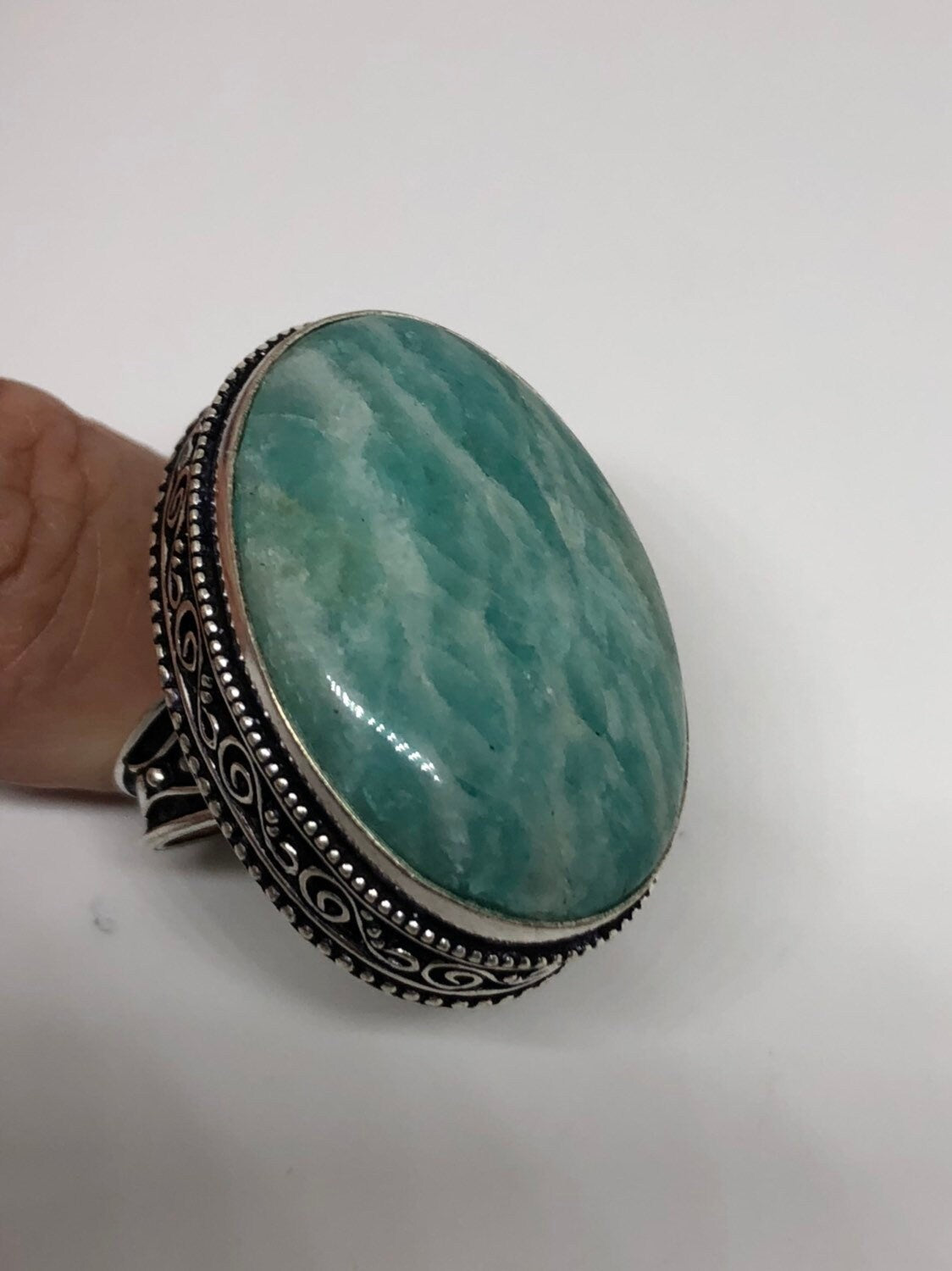 Vintage Green Amazonite Silver Ring Size 8.25