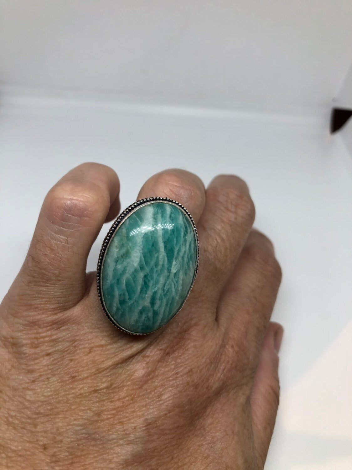 Vintage Green Amazonite Silver Ring Size 8.25