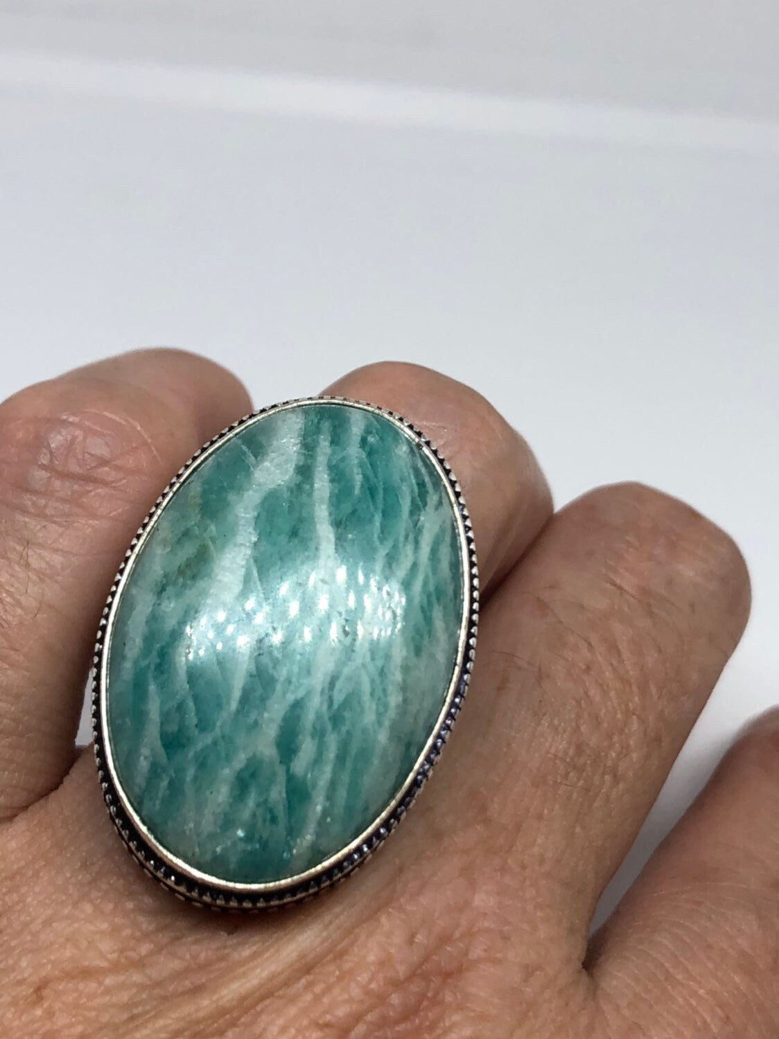 Vintage Green Amazonite Silver Ring Size 8.25