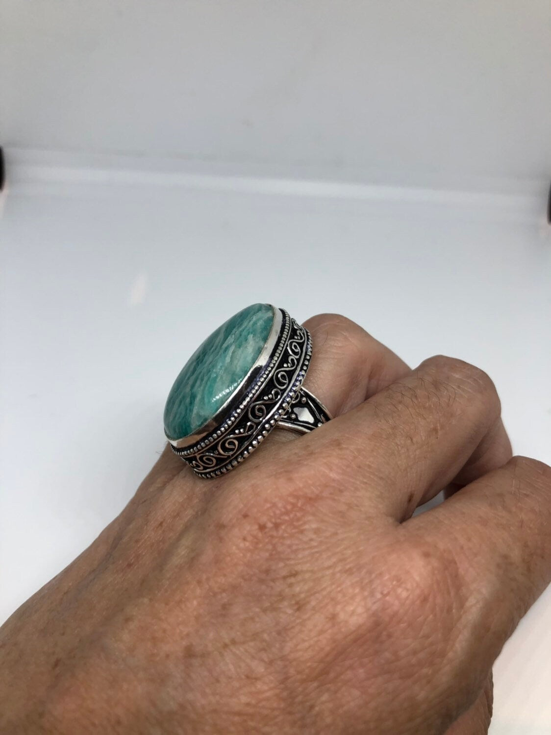 Vintage Green Amazonite Silver Ring Size 8.25