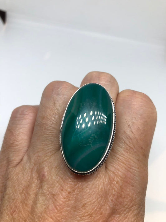 Vintage Green Agate Silver Ring About an Inch Long Knuckle Ring