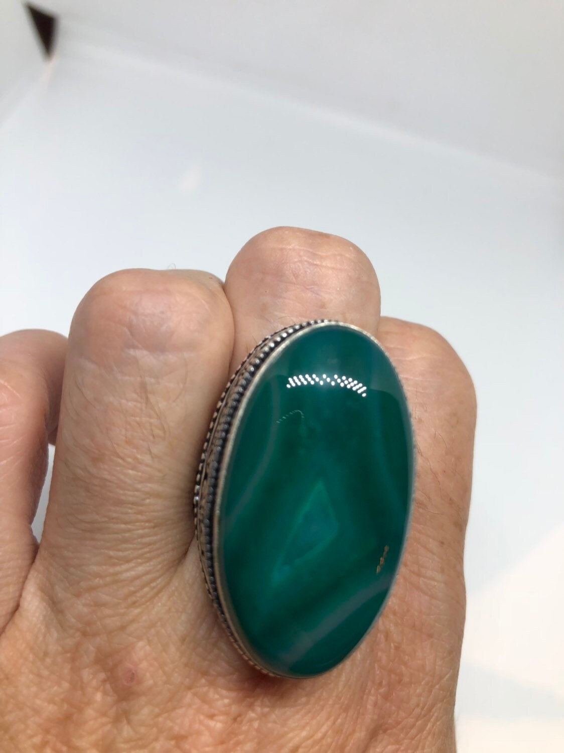 Vintage Green Agate Silver Ring About an Inch Long Knuckle Ring