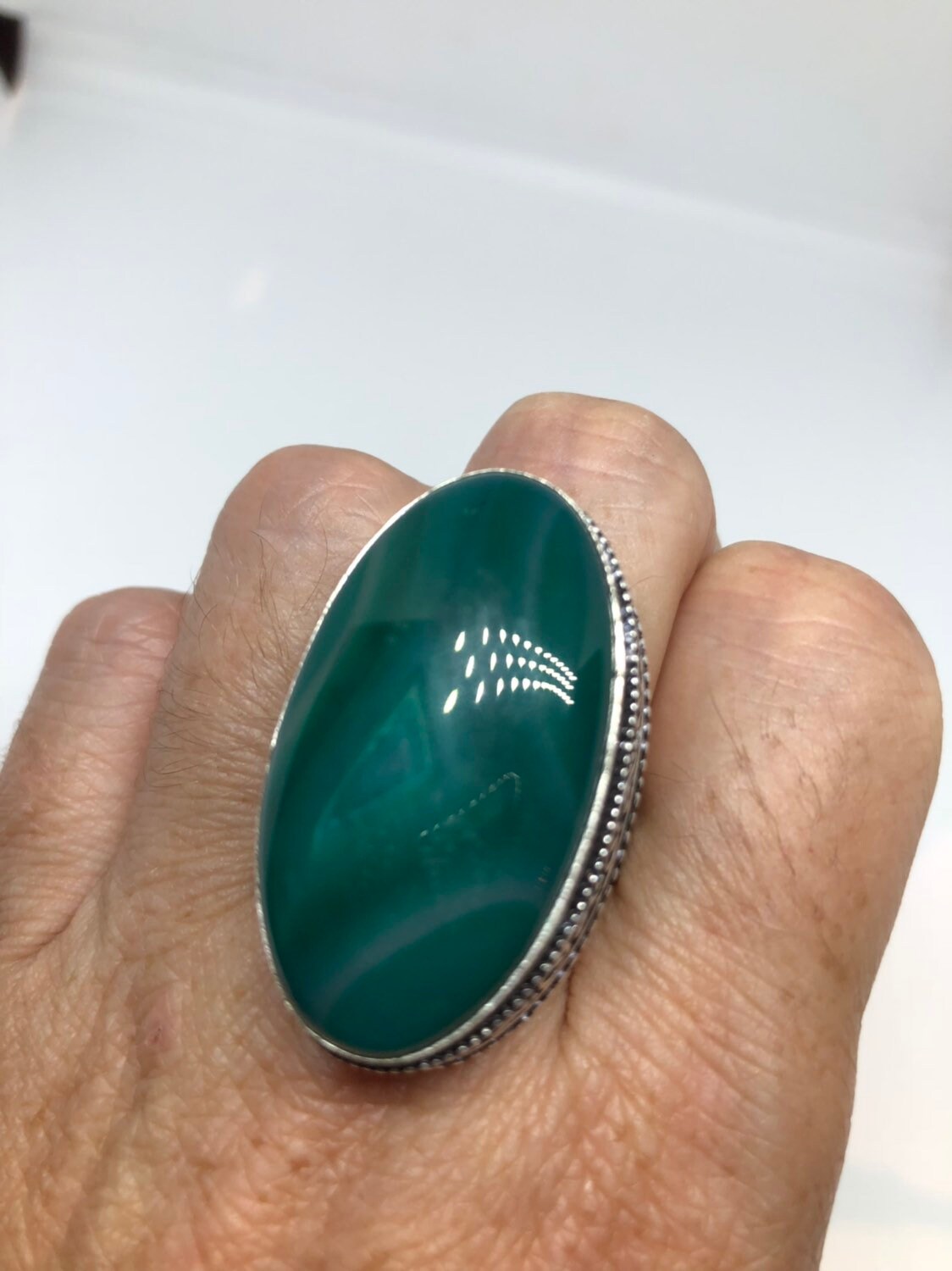 Vintage Green Agate Silver Ring About an Inch Long Knuckle Ring