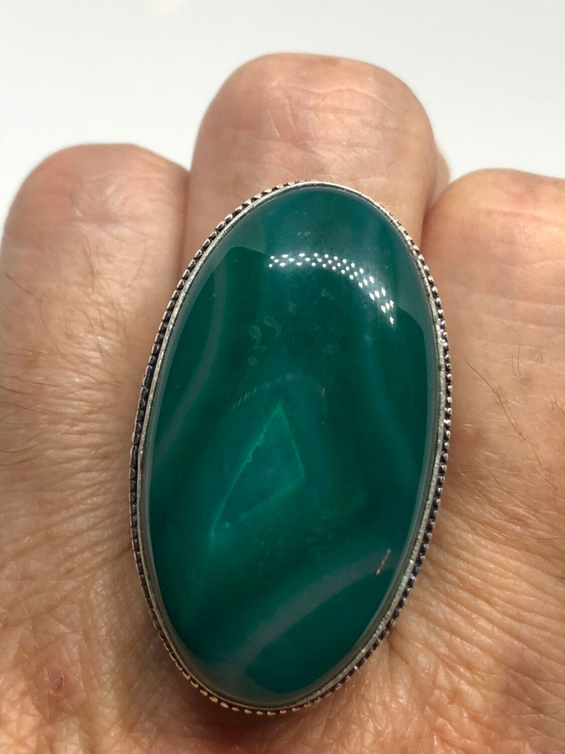 Vintage Green Agate Silver Ring About an Inch Long Knuckle Ring