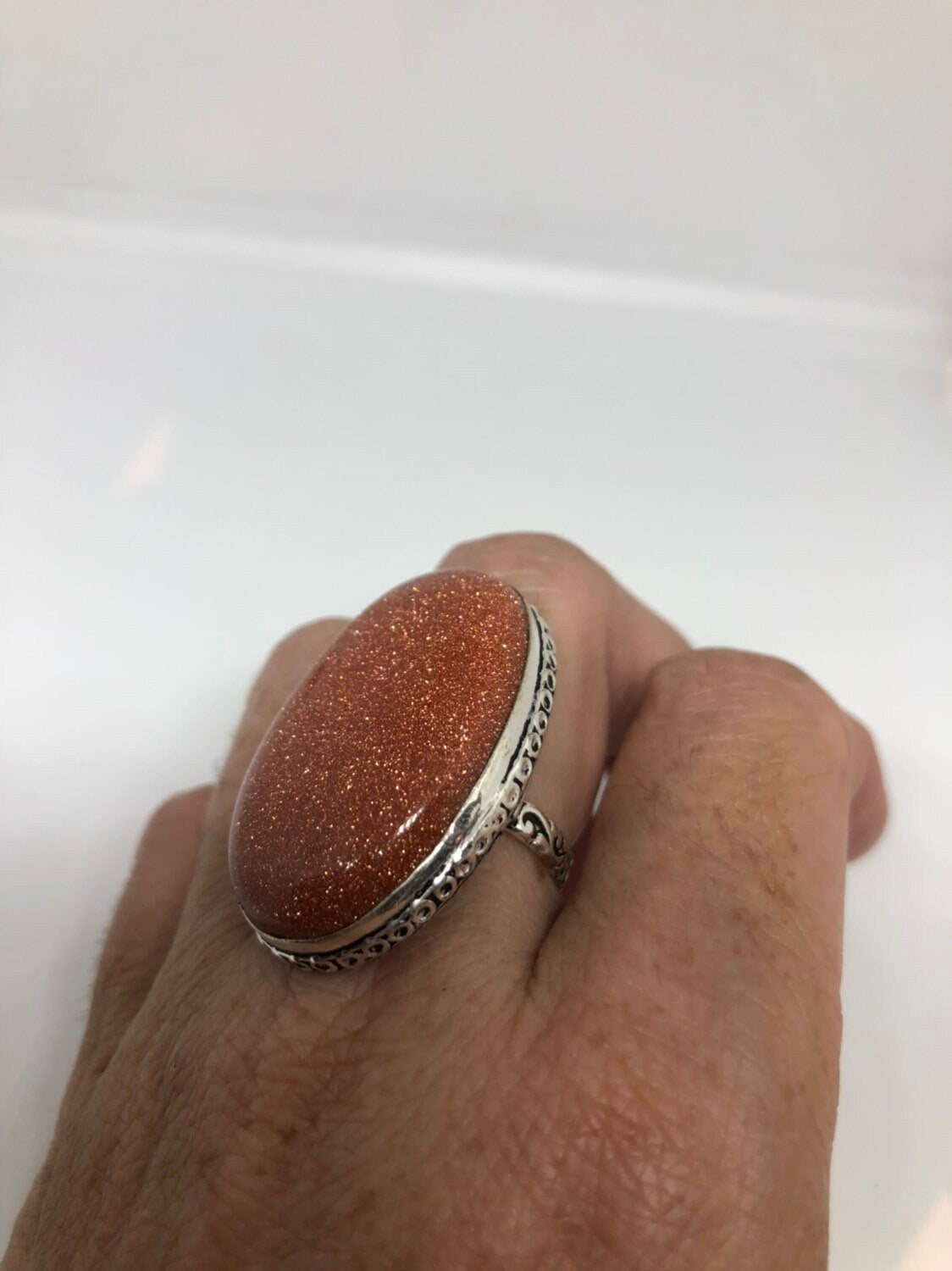 Vintage Handmade Deep Gold Sandstone Setting Silver Ring