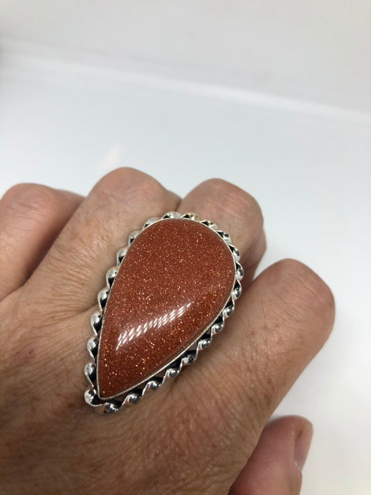 Vintage Handmade Deep Gold Sandstone Setting Silver Ring