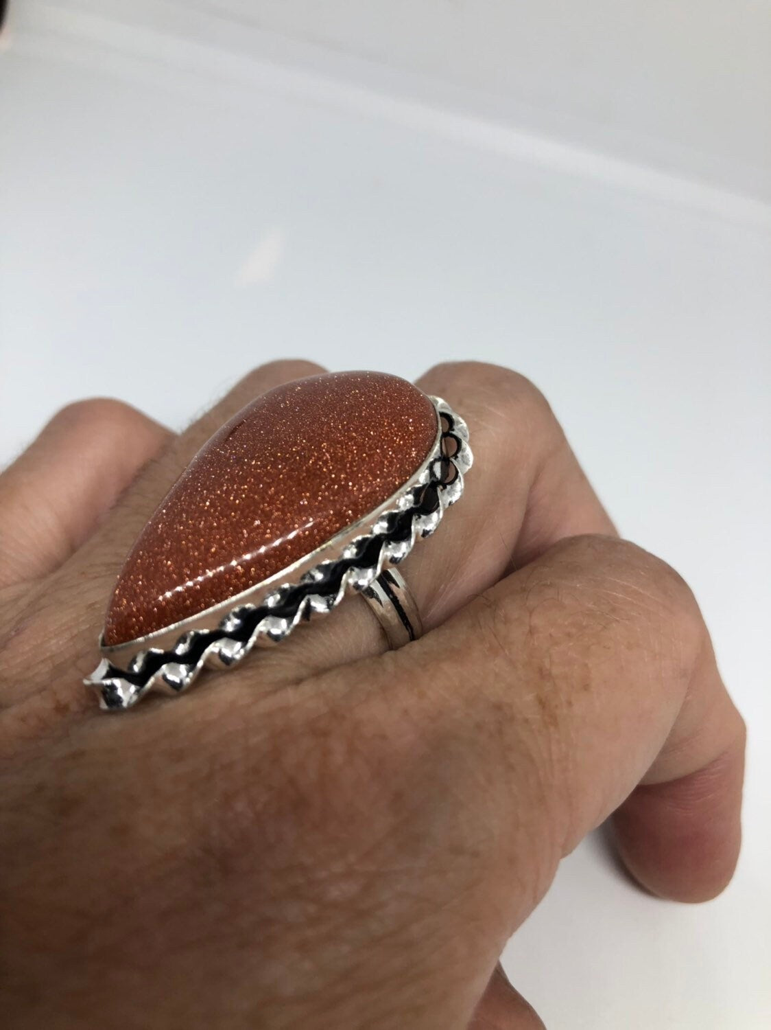 Vintage Handmade Deep Gold Sandstone Setting Silver Ring