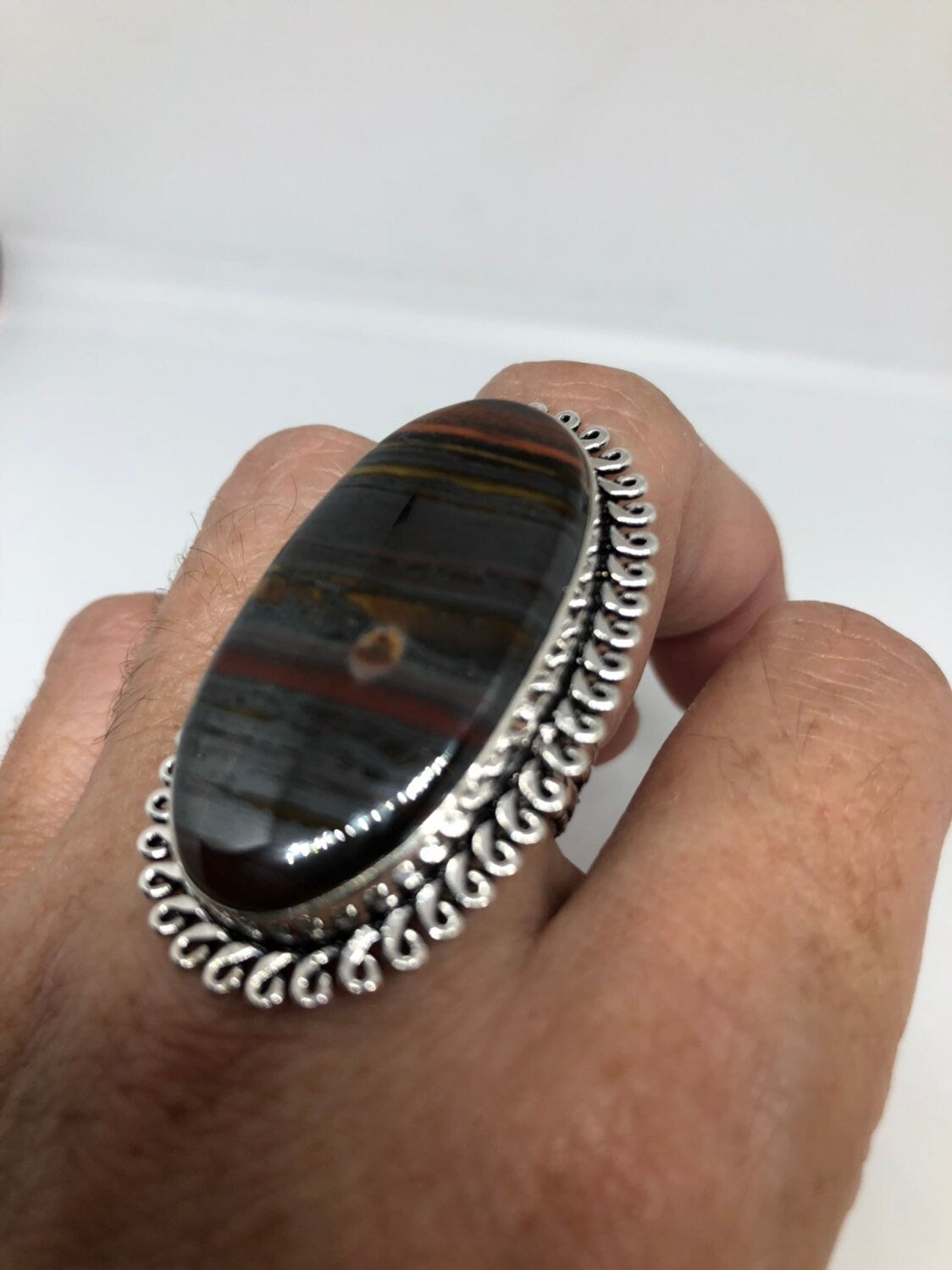 Vintage Large Blue Tigers Eye agate Stone Silver Ring