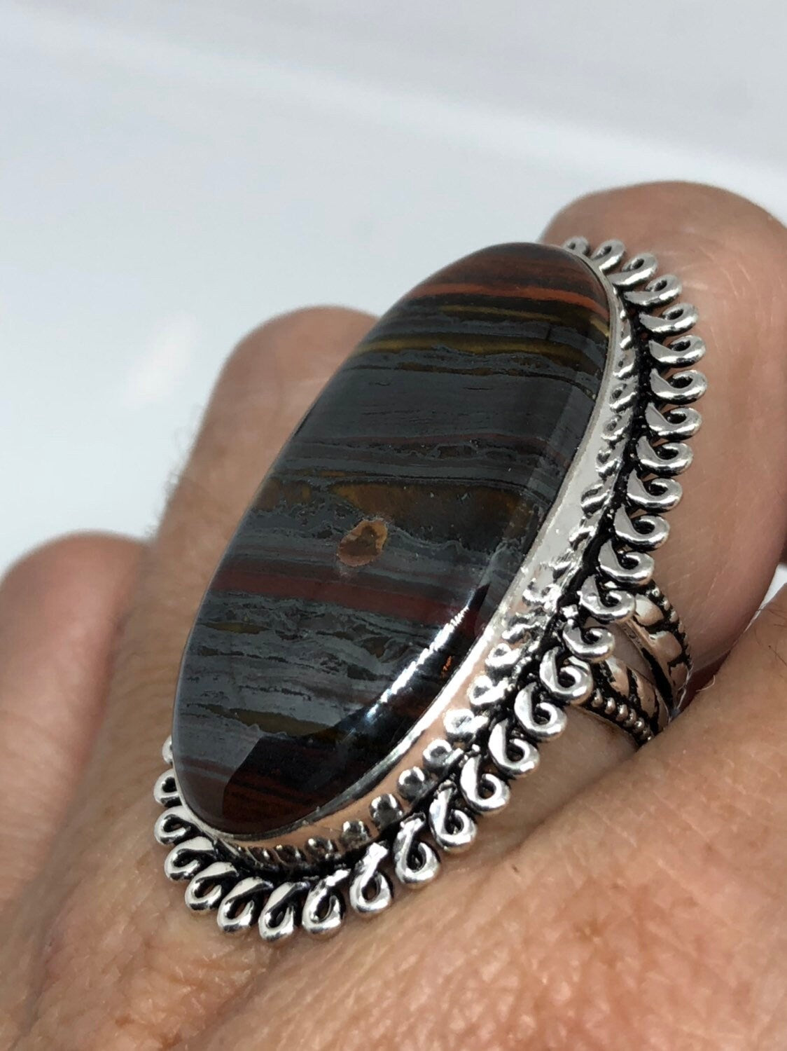 Vintage Large Blue Tigers Eye agate Stone Silver Ring