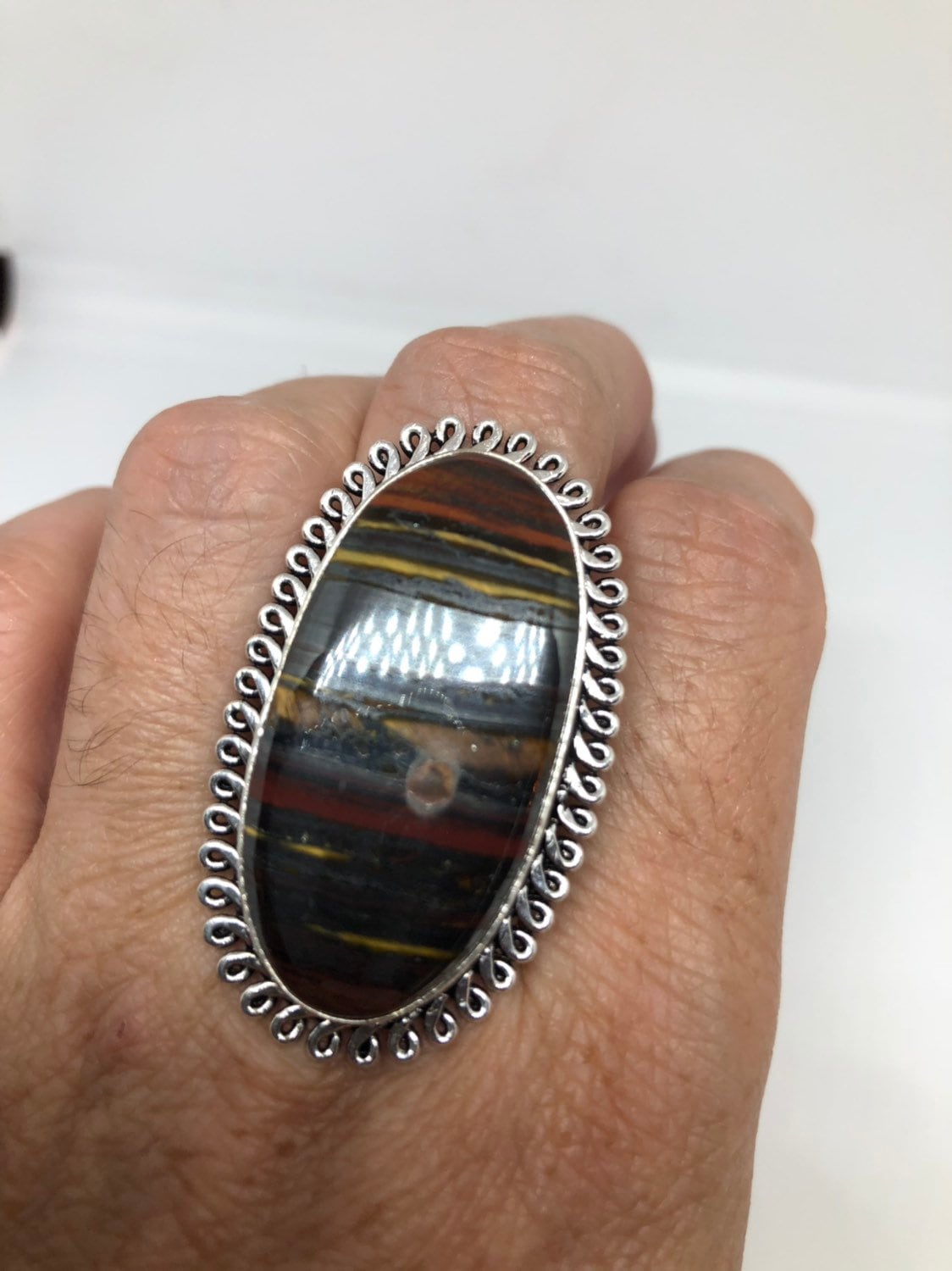 Vintage Large Blue Tigers Eye agate Stone Silver Ring