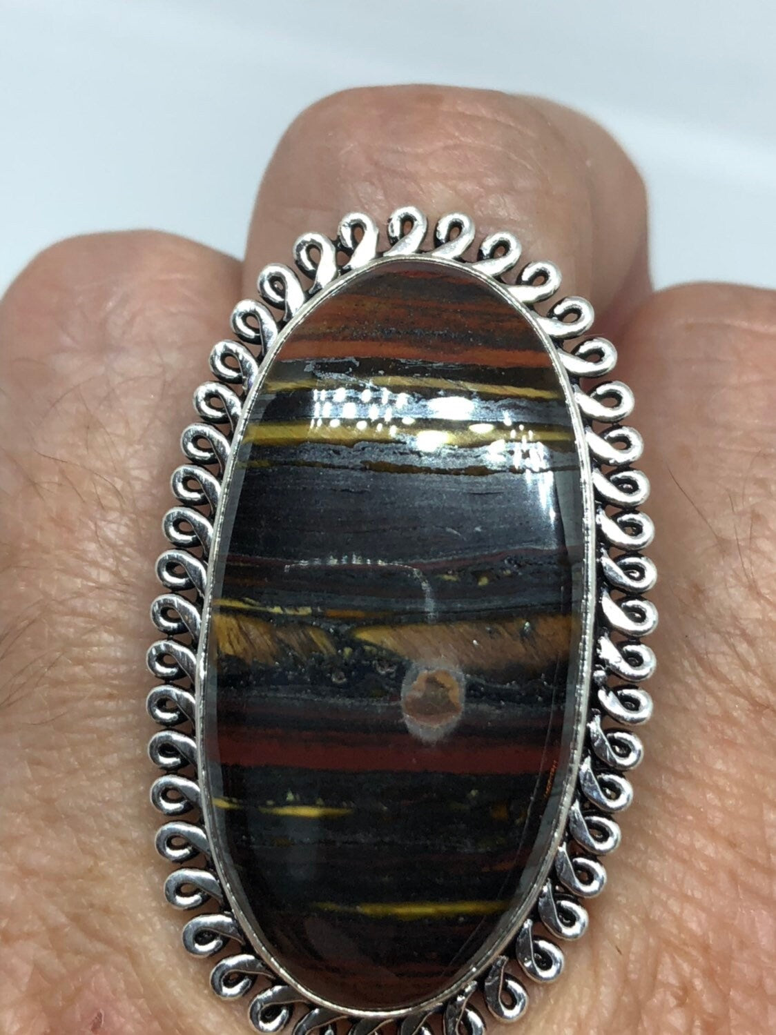 Vintage Large Blue Tigers Eye agate Stone Silver Ring