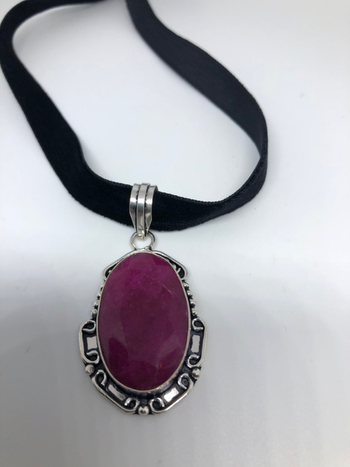 Vintage Silver Rhodium Finish Raw Ruby Pendant