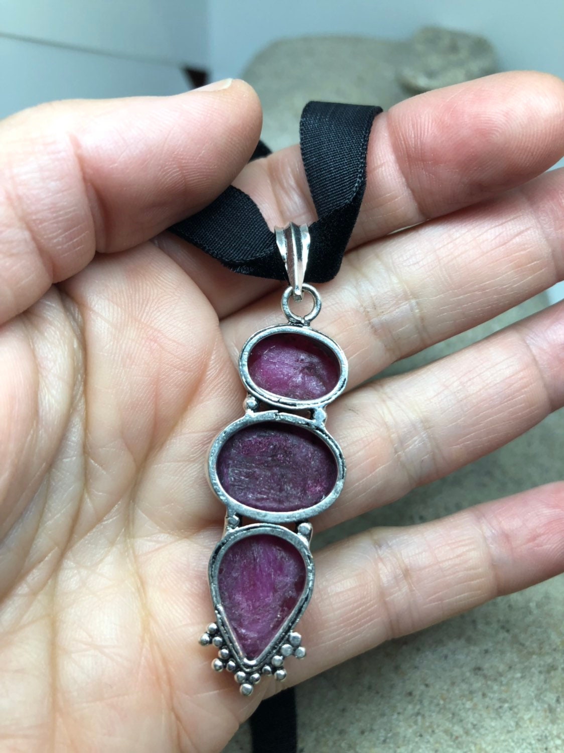 Vintage Pink Raw Ruby Choker Pendant Necklace