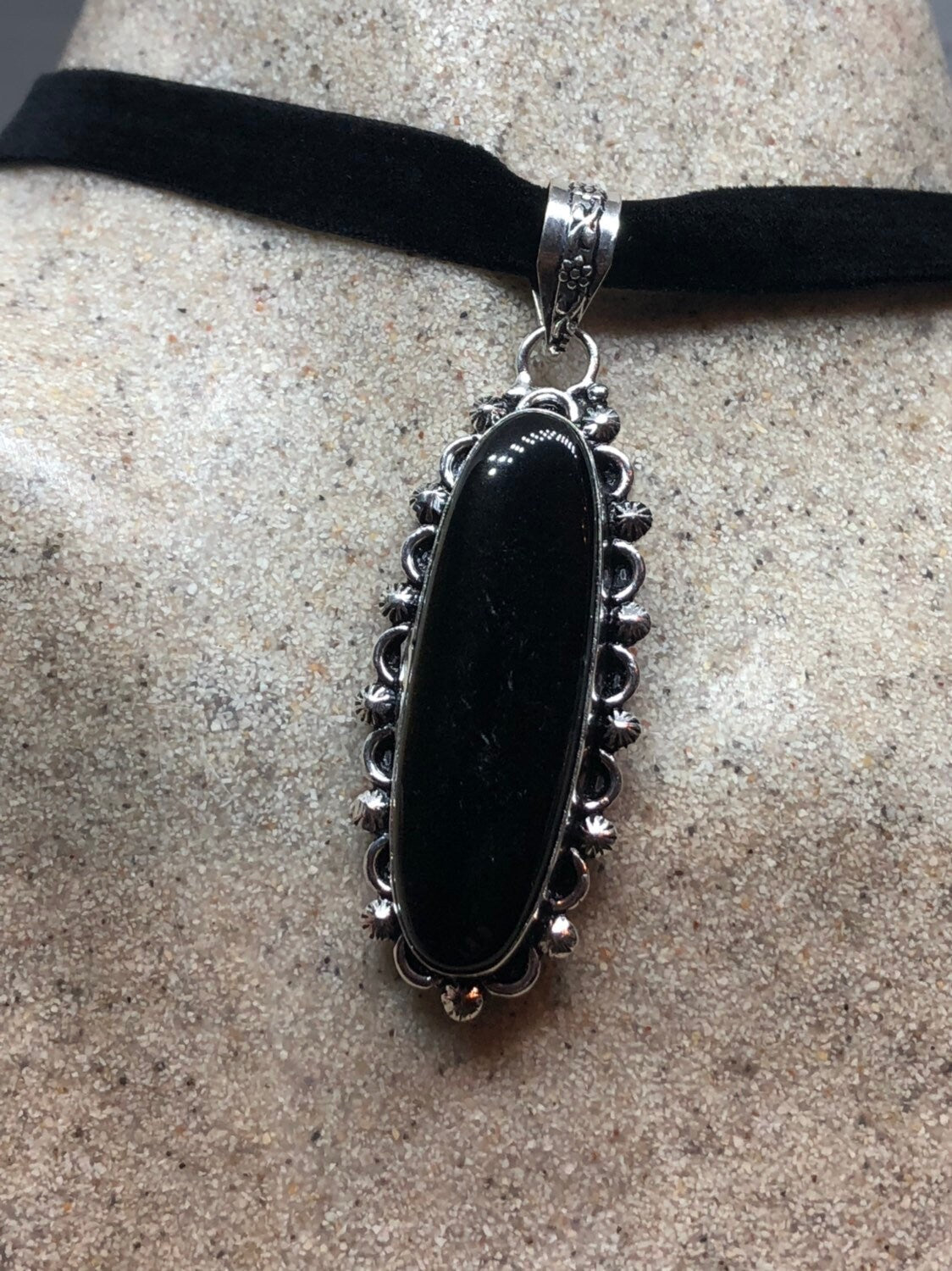 Vintage Silver Genuine Black Onyx Dangle Pendant Necklace