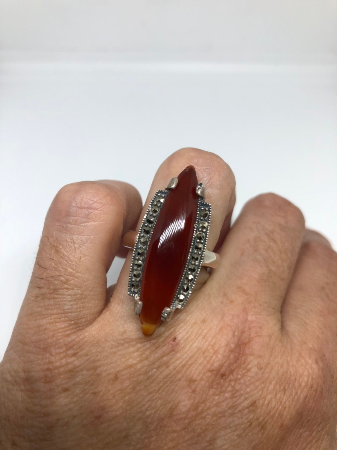 Vintage Genuine Red Carnelian 925 Sterling Silver Marcasite Ring