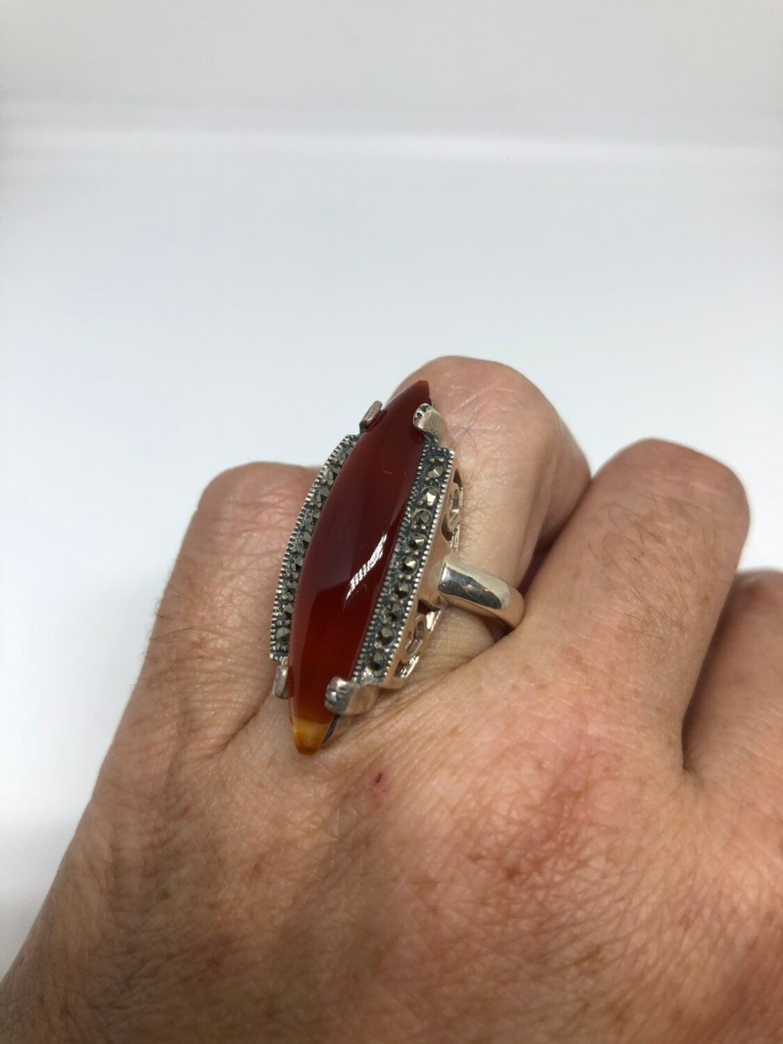 Vintage Genuine Red Carnelian 925 Sterling Silver Marcasite Ring