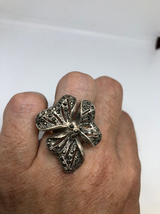 Vintage Handmade Genuine Swiss Marcasite 925 Sterling Silver Gothic Flower Ring