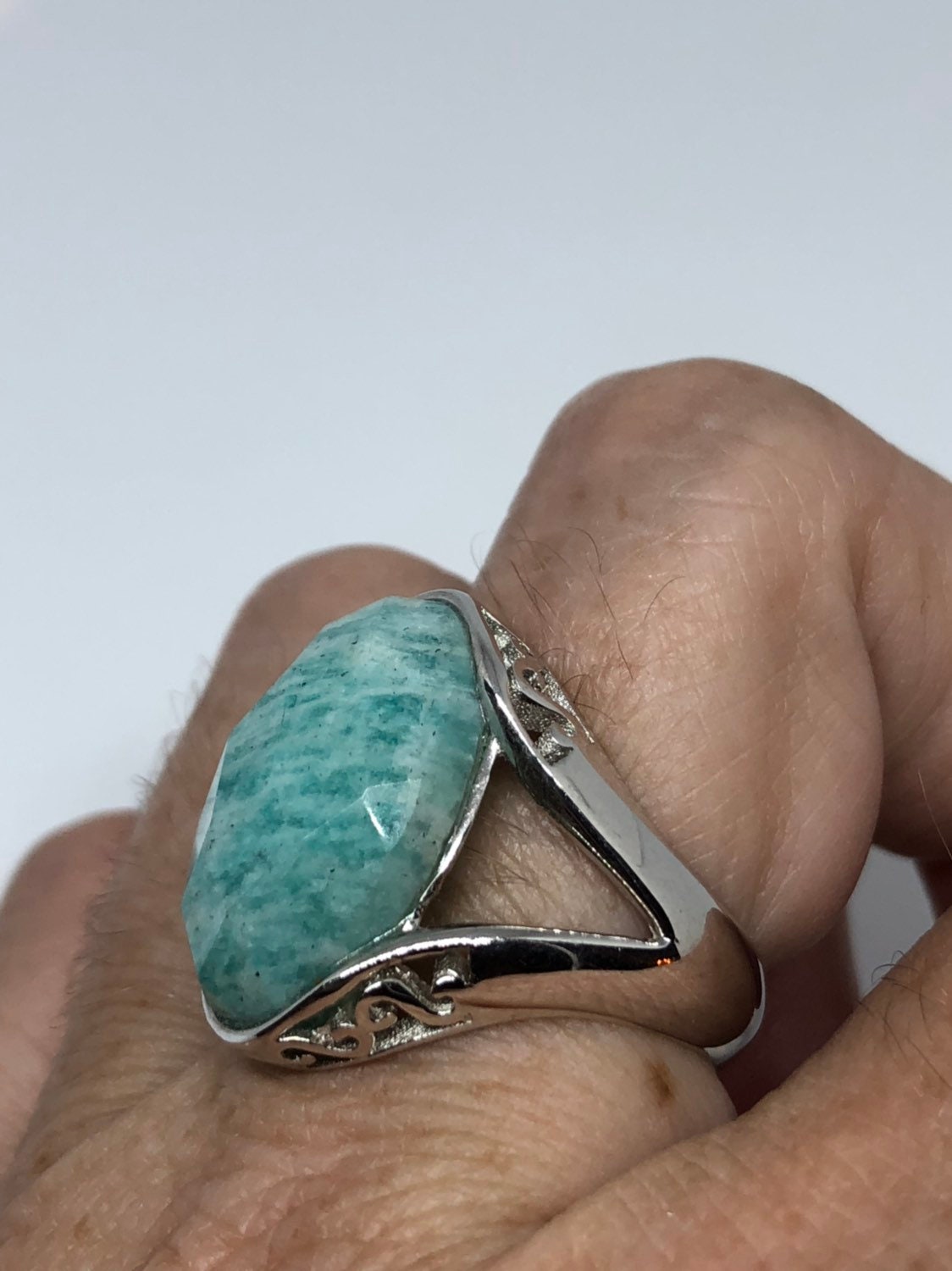 Vintage Genuine Blue Amazonite 925 Sterling Silver Ring